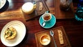 brunch with coffee quiche with colourful cup on wood table Royalty Free Stock Photo