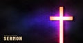 Sunday evening sermon Christian cyber web banner. Religious cyberpunk background with neon cross