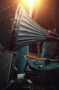 Big vintage gramophone on the countertop in sunday flea market. Royalty Free Stock Photo