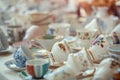 Closeup retro porcelain cups on countertop in sunday flea marke Royalty Free Stock Photo