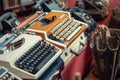 Typewriters from 80`s or 90`s, old telephones and old umbrella stand on the countertop in sunday flea market Royalty Free Stock Photo