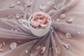 Atmospheric romantic composition with tulle and pink rose in cup. Wedding, love or vintage valentine background, toned