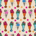 Sundea Dessert-Sweet Dreams seamless repeat pattern illustration. 60 s style Background in pink, blue,orange,green, red Royalty Free Stock Photo