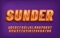 Sunder alphabet font. Yellow neon light 3d letters and numbers.