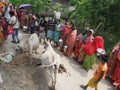: Flood-affected people gather to receive food at relief camp in Sunderban,,India