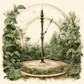 Sundial In An Abandoned Garden in the style of vintage illustration
