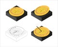 Sundial icon set. Isometric style, outline. Yellow clor. Vector
