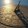 A sundial with Roman numerals and a triangular gnomon casting a shadow, indicatin Royalty Free Stock Photo