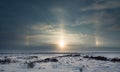 Sundog over tundraSunset over tundra beautiful and colourful evening background winter travel Royalty Free Stock Photo