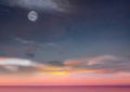 Full moon cloudy pink sinset night starry sky sundown reflection on sea water blue orange pink colorful nature landscape