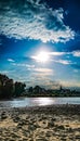 Sundown over the riverside of the river Rhein in Cologne at the Sandy beach shore Royalty Free Stock Photo