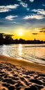 Sundown over the sandy Beach of the river Rhein in Cologne, Germany with cloudy sky and sand