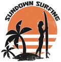 Sundown Surfing - Surfer Girl - Sunset Surf Distressed Beach Illustration Royalty Free Stock Photo