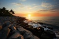 Sundown tranquility Tropical beach adorned with a serene rocky shore