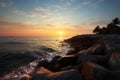 Sundown tranquility Tropical beach adorned with a serene rocky shore