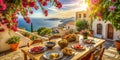 SunDrenched Mediterranean Terrace Rustic Summer Feast Under a Sparkling Sky Architectural Beauty and Culinary Delights