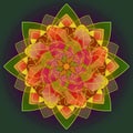 MANDALA FLOWER. PLAIN DEEP GREEN BACKGROUND. CENTRAL FLOWER IN GREEN,ORANGE AND YELLOW.