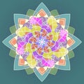 MANDALA FLOWER. PLAIN GREEN BACKGROUND. CENTRAL FLOWER IN PASTEL COLORS PALLET. GREEN, ORANGE, PURPLE, RED, WHITE