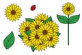 Sunflower assets collection design with ladybug, leaf, and bouquet