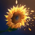 a sunflower with a blue background and a yellow center flower with a green stem and leaves on the stem