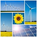 Sunflower, blue solar cells and wind turbine Royalty Free Stock Photo