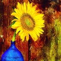 Sunflower on a blue vase with a wooden background Royalty Free Stock Photo