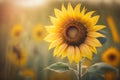 A Sunflower With a Blurred Flower Field in the Background on a Sunny Day - Generative AI