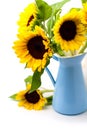 Sunflower bouquet in blue enamel jug