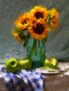 Sunflower bouquet painting in oil. Green apples aside Royalty Free Stock Photo