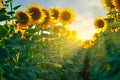 Sunflower - bright field with yellow flowers, beautiful summer landscape in sunset Royalty Free Stock Photo