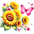 Sunflower and Butterfly watercolor illustration on a white background