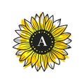Sunflower circle monogram, Sunflower frame, Sunflower floral frame clipart, Vector imitation of watercolor, digital