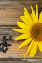 Sunflower close-up with seeds on the old wooden table Royalty Free Stock Photo