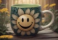 Sunflower coffee mug with a matching smiley face on a sunny background, Generative AI