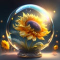 Sunflower in a crystal ball. 3d rendering, 3d illustration. Generative AI