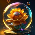 Sunflower in a crystal ball. 3d rendering, 3d illustration. AI generated