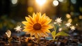 sunflower with dandelions blowing in the wind at sunset Royalty Free Stock Photo