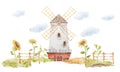 Sunflower Farm Illustrations, Farm Field Clipart, Windmill Illustrations Royalty Free Stock Photo