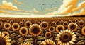 Sunflower Field with Cloudy Sky Illustration Royalty Free Stock Photo