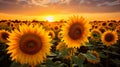 Sunflower Field in Full Bloom with golden sunlight Royalty Free Stock Photo