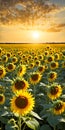 Sunflower field in full bloom under a clear summer sky. Minimalist nature theme