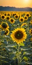 Sunflower field in full bloom under a clear summer sky. Minimalist nature theme