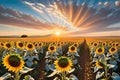 Sunflower Field at Peak Bloom, Golden Hour, Foreground Focused Sunflowers Towering Over the Viewer with Radiant Glow Royalty Free Stock Photo