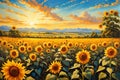 A Sunflower Field at the Peak of Summer: Bathed in Golden Sunlight, Insects Buzzing Around with a Cheerful Symphony