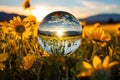 a sunflower field reflected upside-down in a crystal ball