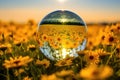 a sunflower field reflected upside-down in a crystal ball