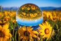 a sunflower field reflected upside-down in a crystal ball