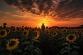 sunflower field with silhouette of person for warm and inviting photo Royalty Free Stock Photo