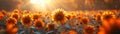 Sunflower field with the sun setting Royalty Free Stock Photo