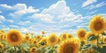 Sunflower field on sunset. Beautiful nature landscape panorama. Farm field idyllic scene Royalty Free Stock Photo